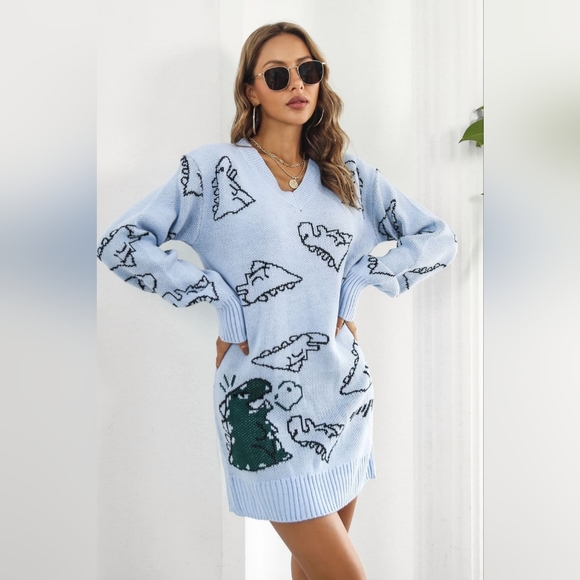 Dinosaur Knit Sweater Dress Round Neck Playful Long Sleeve Oversized Mini Blue - Picture 5 of 8
